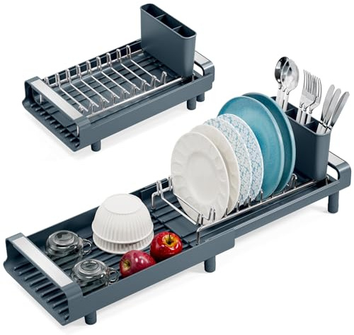 KINGRACK Small Stainless Steel Dish Drainer Rack, Matte Green | Expandable, Removable Cutlery Holder, Anti Rust, Compact Draining Board for Kitchen