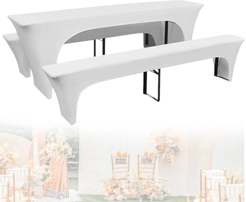 PORFOYO Stretch Bierzeltgarnitur, 3-Teiliges Set Hussen Bierzeltgarnitur, 220 X 50 X 70 cm Elastisch Biertischhussen, Bierbank Hussen, Bierbankhussen Bankgarnitur Für Hotel, Hochzeit, Meeting, Weiß