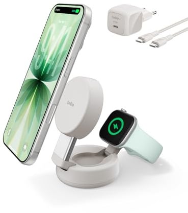 Belkin UltraCharge Pro Caricatore Wireless Qi2 25W 2 in 1 - Beige | Caricatore Wireless Magnetico Convertibile MagSafe, Certificato Qi2.2 per iPhone, Apple Watch, Auricolari, Alimentatore 45W