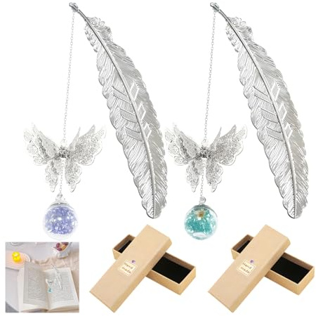 2 Stück Metallisches Feder-Lesezeichen, Silber Metall Lesezeichen Geschenk mit 3D Schmetterling Kristall Anhänge, Metall Feder Blume Vintage Lesezeichen Ideal für Leseratten Lehrer-Dank Leseratten