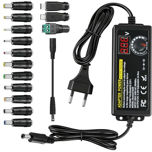 Universal Netzteil 72W 3V-24V Einstellbares Netzteiladapter mit 14 Tipps | 3A Verstellbarer AC to DC Adapter mit LED Spannungsanzeige für Haushaltselektronik Router LED Streifen 3000mA Max