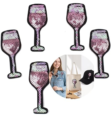 Egurs Iron-On Patches Sequin Iron-On Patches - Set of 5 Red Wine Glass Patch for DIY Clothes, Jackets & Bags - Party/Hen Party/Birthday Decoration - Washable & Easy Iron On Pack of 5