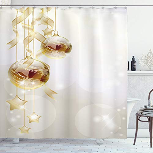 ABAKUHAUS Weihnachten Duschvorhang, Weihnachtskugeln Moderne, Stoffliches Gewebe Badezimmerdekorationsset mit Haken, 175 x 200 cm, Gelb Weiß Braun