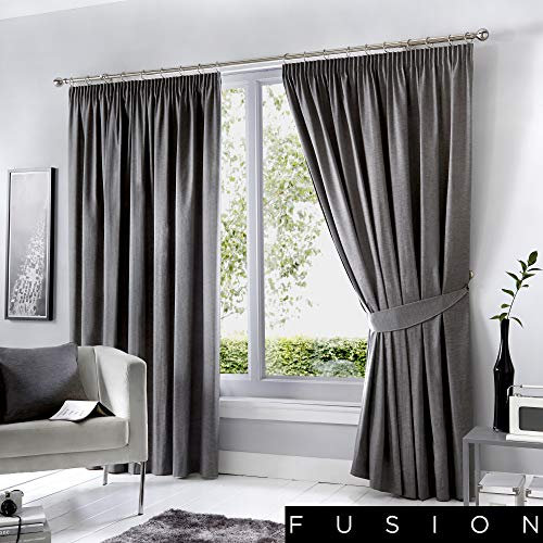 Fusion Dijon Blackout Pencil Pleat Lined Curtains, Charcoal, 90 x 90 Inch