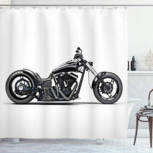 ABAKUHAUS Schwarzgrau Duschvorhang, benutzerdefinierte Motorrad, Stoffliches Gewebe Badezimmerdekorationsset mit Haken, 175 x 200 cm, Grau Schwarz Weiß
