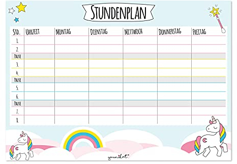 younikat Einhorn-Stundenplan in blau I DIN A4 Papier-Block I zum Schulanfang I für Mädchen I zum Beschriften und Abreißen I dv630