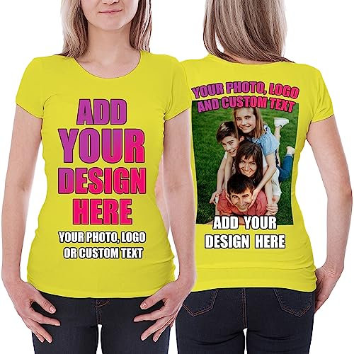 lepni.me T-Shirt Femme Personnalisez Les Deux Faces Avant et Arrière en Imprimant Un Texte Personnalisé ou en Créant Votre Propre Image (XL Jaune Multicolore)