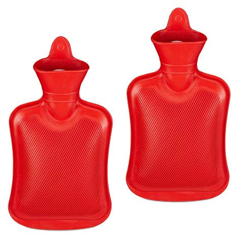 Relaxdays 2 x Wärmflasche 1 Liter, langlebig, sichere Wärmeflasche, Bettflasche ohne Bezug, geruchsneutraler Naturgummi, rot