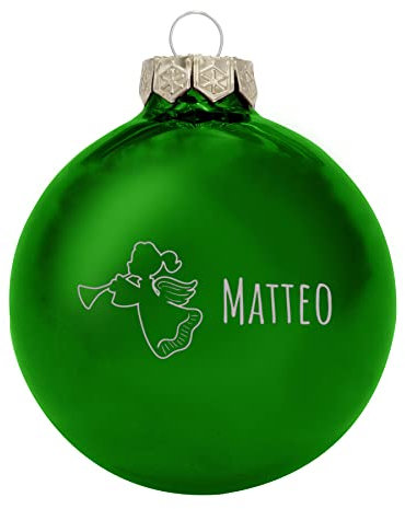 Deitert Weihnachtskugel mit Wunschtext Gravur, Ø 8cm, personalisierte Christbaumkugel aus Glas (glänzend), Individueller Weihnachtsbaumschmuck Namen oder Spruch, Engel-Motiv, Grün