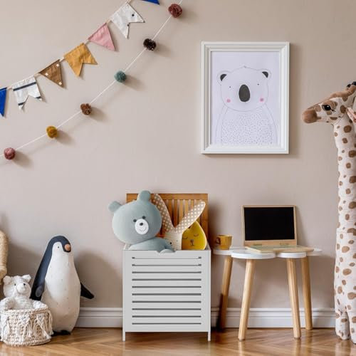 FEFE® White/Oak Wooden Laundry Clothes Basket Hamper Bin Storage Lid Bathroom Bedroom