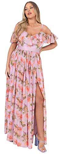 Anaya with Love Damen Maxikleid, Schlitz, Schulterfrei, Bardot-Ausschnitt, mit Bindegürtel, Tropischer Druck, Pink, Sommer Kleid, Flieder, 52