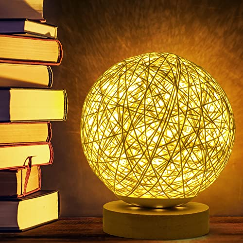 Gohytal LED Nachttischlampe, Beige Sphärische Kugellampe, Dimmbar Nachtlichter, Holz Rattan LED Tischlampe mit USB-Kabel, Monochrome Atmosphäre Nachtlicht für Schlafzimmer