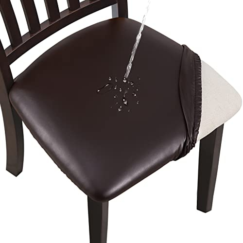 YISUN Esszimmer Stuhlhussen 4er/6er Set, Pu Leder wasserdichte Stretch Esszimmerstuhl Schutzhülle Waschbar, Geeignet für Büro, Schlafzimmer, Küche, Hotel (4, Braun)