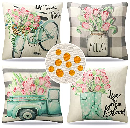 Kissenbezug Outdoor Wasserdicht Sofakissen Frühling Sommer Blumen Dekokissen Kissenbezüge Dekorativ Kissen Kissenhülle Leinen für Garten Sofa Auto Wohnzimmer Bett 4er Set 50x50 cm