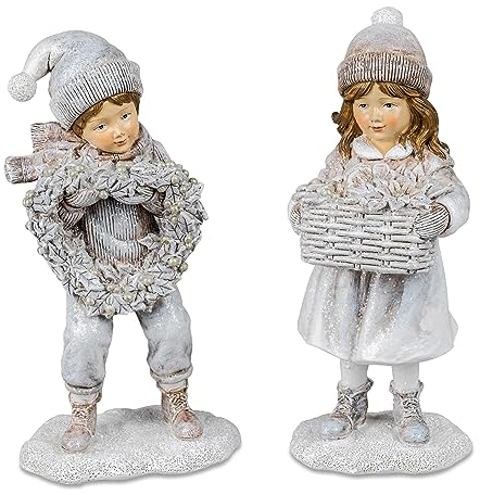 formano 2er Dekofigur Winter Kinder mit Herz und Korb | Weihnachten Winterfigur | 19x8 cm