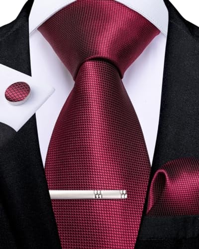 DiBanGu Seide Burgunder Krawatte für Männer Formelle Hochzeit Rot Einfarbig Krawatte und Einstecktuch Krawattenklammer Geschenkbox-Set