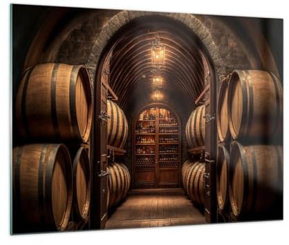 Moderne Impression sur Verre Vin Barils Sous-Sol Image Tableau en Verre Decoration Murale 70x50cm Deco Cadre Salon Chambre Cuisine Horizontal Petit Tableaux Decoratifs Muraux Art Wall GAA70x50-5727
