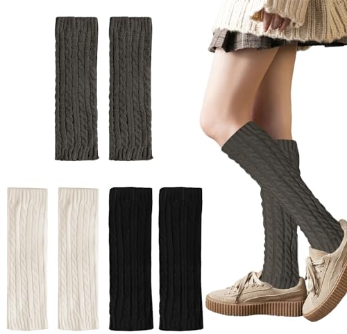NAMIS 3 Paar Stulpen Damen Schwarz Weiß Grau Langer Beinwärmer Frauen, Winter Beinstulpen Damen 45cm Stricken Legwarmers für Winterwärmer, Geeignet für alle Frauenbeintypen