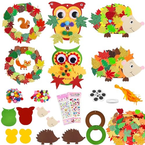 JOYEASE Filz Bastelset Herbst, 6 Stück Owl Igel Bastelset, Herbst Basteln für Kinder, Herbst Kränze Kreativsets zum Basteln, Herbstdeko Basteln Kinder