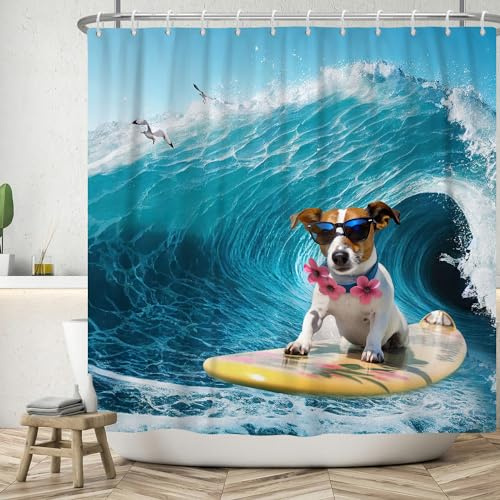 ASDCXZ Funny Shower Curtain 180x220 cm, Summer Funny Dog Ocean Skateboard Surfing Seagull Bath Washable Shower Curtains Polyester Textile Waterproof Bath Curtain for Bathtub with 12 Hooks