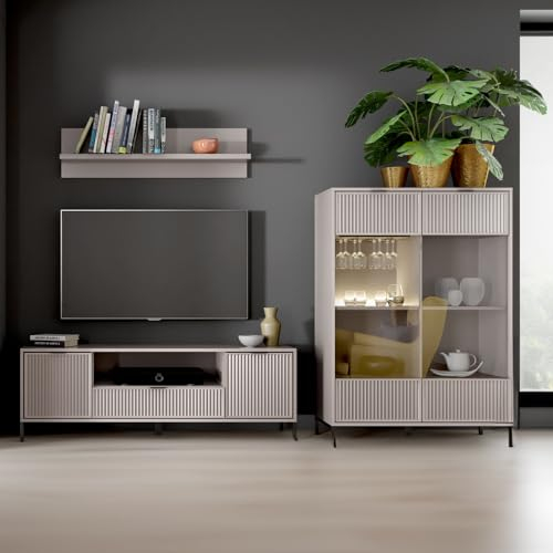 Lomadox Wohnwand Anbauwand Wohnzimmer Set Kaschmir beige 3-teilig modern Wandregal Lowboard Highboard