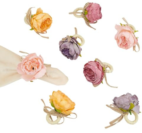 WADORN 4 Farbe 8 Stück Handgefertigte Serviettenringe Mit Blumenmotiv. Serviettenhalter Mit Pfingstrosenblume Handgefertigte Serviettenringe Mit Blumenmuster Tischdekoration Für Valentinstag Hochzeit