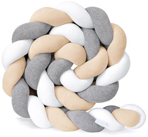 AmphaDeco Bettschlange Babybett Nestchenschlange 1 2 3 4 5 M, Hautfreundliche Baby Seitenschläferkissen Bettschlange, Geflochtenes Seitenschläferkissen, Dekokissen Geflochten,Weiß grau Khaki,300cm