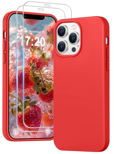 PuyaTeya 3 in 1 Hülle für iPhone 12 pro max, mit 2 Stück 9H Panzerglas Premium Liquid Silikon Hülle, mit 4-Layer stoßfeste abriebfestes, Soft Mikrofaserfutter Kratzfes Schutzhülle(Rot)