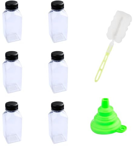 Bojueshaw 8pcs Mini Fridge Bottles,250ml Plastic Juice Bottles,Clear PET Bottles,Reusable Wide Mouth Bottles with Lids,Funnel and Brush for Milk,Water,Beverages