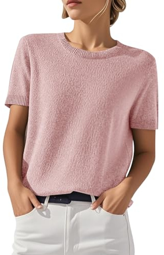 shownicer Femmes Pull Manches Courtes Printemps Été Sweatshirt Col Rond Top Tricot Couleur Unie Casual Pullover A Rose Clair XXL