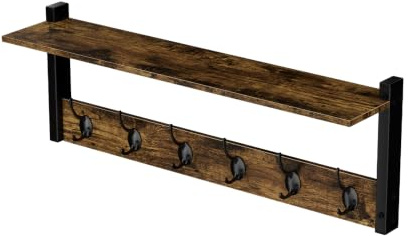 PURELLEL Kleiderständer Schweberegal Holz Wandregal mit 6 Metall Haken | 70 cm Hängeregal mit Garderobenleisten, Garderobe für Eingang, Schlafzimmer, Wohnzimmer, Flur, Vintagebraun-Schwarz