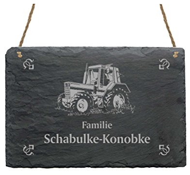 Wetterfeste Schiefertafel « Familie - IHR NAME - » Schild mit Motiv Traktor - Größe ca. 22 x 16 cm - Türschild Klingelschild Namensschild - Trecker Schlepper Landwirt Agrarwirt Bauer