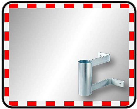 TMS PRO SHOP Edelstahl-Verkehrsspiegel, rot/weiß, rechteckig, 80 x 60 cm, mit Wandarm aus Kunststoff, Stahl, Art.-Nr. 60709 | Sicherheitsspiegel | Straßenspiegel