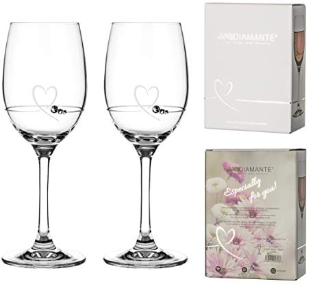 DIAMANTE Petit Heart Wine Pairs Etched Design Embellished with Swarovski Crystals