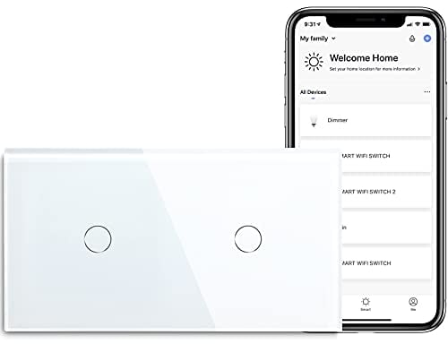 BSEED Smart Alexa Lichtschalter Double WiFi Touch Wandlichtschalter 1 Fach 1-Weg (Neutralstrom Erforderlich) Alexa/Tuya/Google Home-kompatible Glasscheibe 157 * 86 Weiß