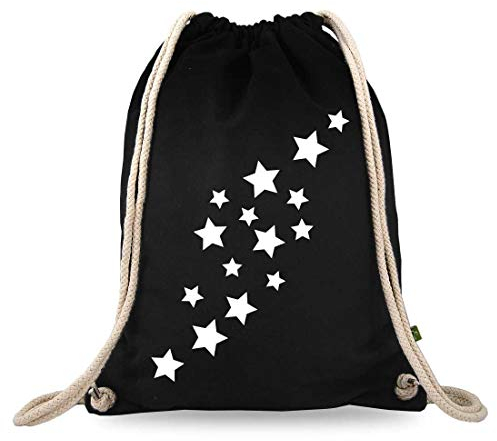 Turnbeutelliebe® Turnbeutel mit Spruch - Verschiedene Designs - Bedruckt - Baumwolle schwarz - Sportbeutel - Rucksack - ca. 12 Liter - 37 x 46 cm (Sternenhimmel Sterne)