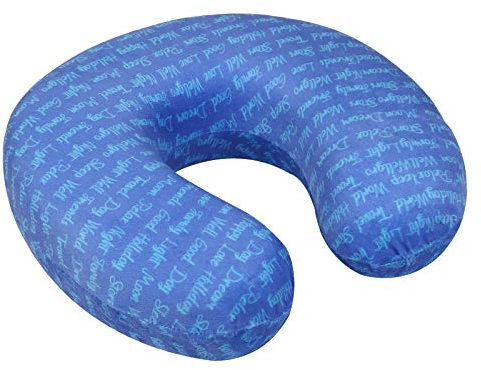WELLGRO Nackenkissen mit abnehmbarem Bezug - Memory Schaum - Reißverschluss Reisekissen inkl. Transportlasche - ca. 28x28x9 cm (LxBxH) - Farbe wählbar, Farbe:Blau mit Schrift