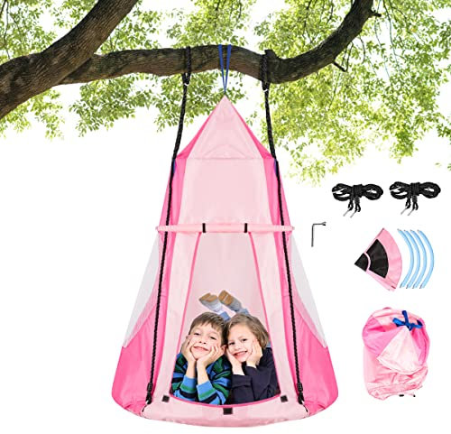 COSTWAY Balançoire Extérieur Enfant Ø100CM avec Tente Amovible, Balançoire Nid d'Oiseau Charge 150KG Hauteur Réglable de 100 à 180CM, Balançoire Tente Suspendue pour Jardin, Maison, Intérieur (Rose)