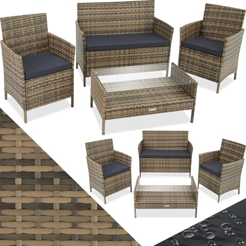 TecTake® Ensemble Salon de Jardin Exterieur en Poly Rotin Canapé 2 Places 2 Fauteuil Salon et 1 Table de Jardin, Coussins Inclus, Mobilier de Jardin pour Amenagement Balcon Terrasse Veranda