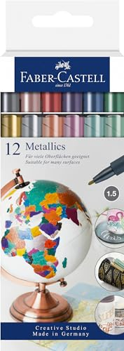 FABER-CASTELL 160713 - Metallics Marker mit Faserspitze, 1,5 mm Strichstärke, für viele Oberflächen geeignet, Metralliceffekt, 12er Set