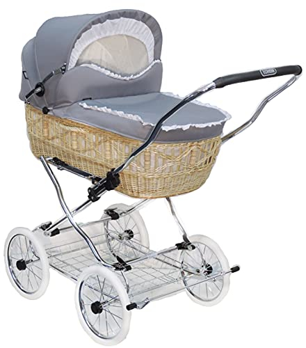 EICHHORN Kinderwagen Weidenkorb - Kinderwagen aus echter Weide, handgeflochten, Korb Weide Natur, Stoff Silbergrau