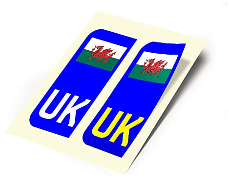 BWW Print - 2 X New UK Car Reg- Number Plate Stickers - Wales Flag for Travel Abroad, Front & Rear