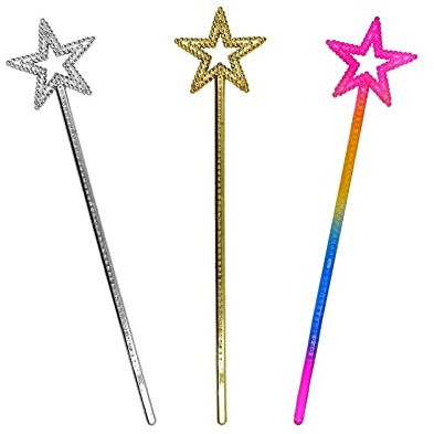 acdokuk Lot de 3 baguettes de fée en forme d'étoile pour fille, baguettes magiques pour anniversaire, fête, Noël, bal masqué, cadeau pour filles (argent, or, couleur)