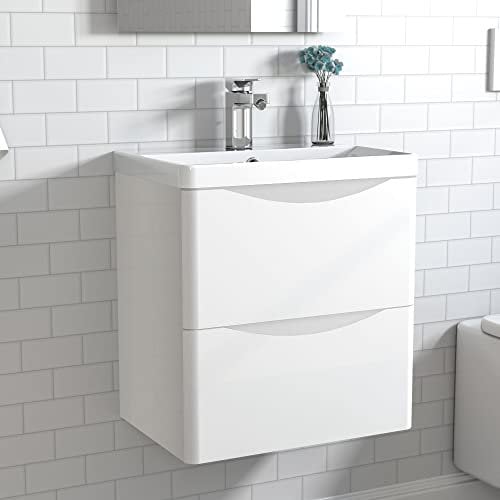 Acezanble 500mm Bathroom Vanity Unit with Basin Gloss White Cloakroom Sink Unit Wall Hung Two Drawers