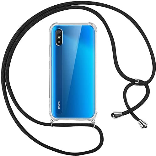 Pnakqil Collier Cordon Coque pour Xiaomi Redmi 9A/9AT 4G 6.53,avec Cordon Réglable Lanyard Housse Transparente Silicone Anti-Chute Etui Compatible avec Redmi 9A 4G,Ètuis à Bandoulière,Noir