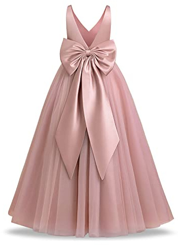 Flower Girl Dress Kids First Communion Dress Sleeveless V-Neck Mesh Tulle Tutu Princess A-line Puffy Wedding Junior Bridesmaid Evening Formal Party Pageant Birthday Prom Gown Dusty Pink 13-14 Years