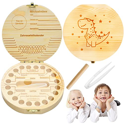 HIQE-FL Zahnbox Holz Milchzähne Box,Zahnbox aus Holz,Milchzähne Box,Jungen Souvenir,Aufbewahrungsbox für Baby-Zähne(Dinosaurier)