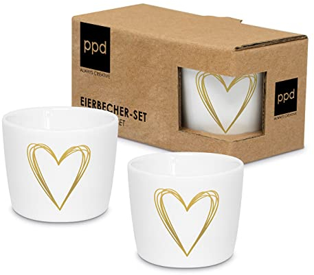 ReWu Eierbecher Porzellan Herzmotiv Weiß Gold 2er-Set Geschirr Eierhalter Eierständer