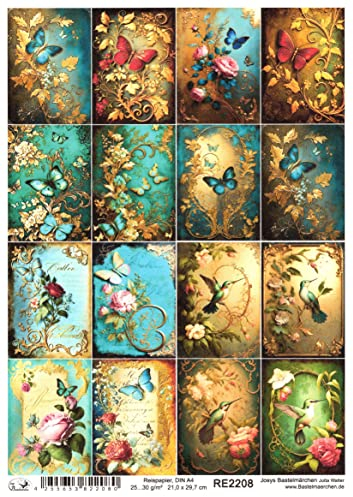 Josys Bastelmärchen Reispapier A4 Strohseide Vintage Gold Patina Blumen Schmetterling Shabby RE2208