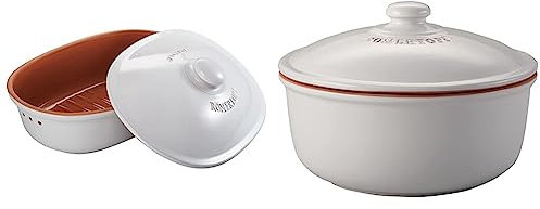 Römertopf Brottopf aus natürlicher Keramik, Brotkasten Aufbewahrungsbehälter aus Ton 6,5 Liter & Brotbacktopf aus Naturton bis zu ca. 1.000g Backgut, für natürliches Brotbacken, Weiß